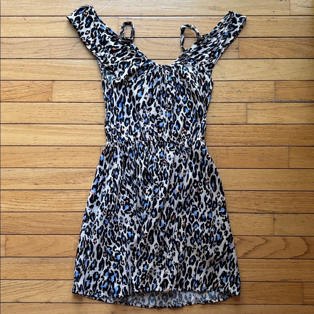 1990s 90s Vintage VTG Blue White Leopard Print Mini Dress Women’s Size 4 S Small